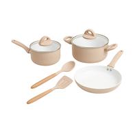 Batería de cocina Jocca 5 piezas: sartén, cazos con tapa, espátula y cuchara de silicona con mango de madera. Aluminio prensado con revestimiento cerámico y base para inducción. Mangos soft touch. Ide