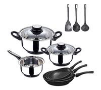 Bateria de cocina Palma: cazo sin tapa 16x9 cm (1,5L), cacerolas con tapa de 18x10 cm (2L) y 20x11,5 cm (3L) + set de 3 sartenes 18/22 y 26 cm Land Poniente, inducción + 3 utensilios de cocina