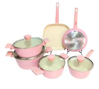 Batería de Cocina Rosa de 10 Piezas en Aluminio Forjado - Antiadherente, Apta para Inducción - cacerola de 20/24/28cm con tapa - sartén grill 28 cm - sartén 24 cm - 1 Cazo 18cm