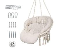 Bathonly Silla Colgante, hasta 150 Kg, Hamaca Algodón con Conjines, Mecedora Macramé, Hecha a Mano con Kit de Suspensión, Bohemio, Jardín, Interior y Exterior, Beige