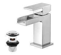 BATHWEST - Grifos de lavabo cuadrados de cascada con desagüe, grifos monomando de latón cromado monobloque con tapón de fregadero 612M
