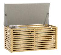 Homcom baúl de almacenaje para dormitorio 122l taburete de almacenaje tapizado en lino sintético con cojín marco de bambú para entrada salón 90x42x43 cm gris y natural