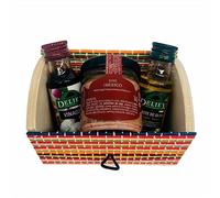 Baúl de madera y mimbre multicolor con miniaturas de Aceite, Vinagre y tarro de paté ibérico para eventos (Pack 24 ud).Ideal para regalar a los invitados de tu boda, comunión o bautizo.