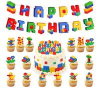 Bausteine Happy Birthday Girlande mit Cupcake Topperdeko Baustein Geburtstag Deko Banner Baustein Party Dekoration für Erwachsene Partydeko