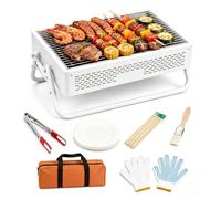 BBQ de carbón, barbacoa portátil plegable con asa de transporte | Cuerpo Recubierto Ventilado, Canaleta de Combustible Desmontable, Rejilla Para Cocinar, Juego de Herramientas y Bolsa(white)