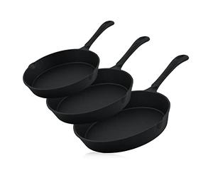 BBQ-TORO Juego de Sartenes de Hierro Fundido con Revestimiento PRO3+ | Serie Ultimate | 3 Piezas: Ø 16 cm, Ø 20 cm, Ø 24 cm | Curado con el proceso PRO3+ | Con Boquillas Laterales | Termorresistentes