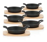 Sartén de hierro fundido para servir de la marca BBQ-Toro, con base de madera (juego de 6 unidades) | Diámetro: 16 cm