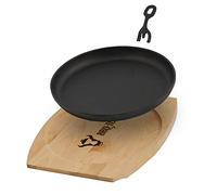 BBQ-TORO Sartén Redonda de Hierro Fundido para Servir con Base de Madera | Ø 22 cm | Curada - pre-Seasoned | Sartén de Barbacoa con Mango Extraíble | Sartén de Hierro Fundido, Paellera