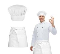 BDHYYM Delantal y Gorro Cocinero Adulto, Delantal Blanco Adulto, Delantal y Gorro De Cocinero, Ajustable con Bolsillos, Elástico Gorro, Disfraz Chef para Panaderos, Cocinas, Hogares, Hoteles