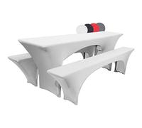 Beautissu Juego de 3 Fundas de Mesa para Juego de cervecería Victoria - Fundas elásticas de Mesa y Bancos Picnic de 220x50 cm y 2 Bancos - Blanco