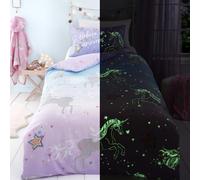 Bedlam Funda de edredón de Unicornio Que Brilla en la Oscuridad, tamaño Doble, 200 x 200 cm, Reversible, 2 diseños, Ropa de Cama mágica Rosa y Lila para niñas, 2 Fundas de Almohada, Juego de Funda de