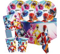 BeenSmile Power Rangers - Juego de 37 platos de papel, vasos de papel, servilletas, mantel + 8 pajitas de papel para cumpleaños infantiles