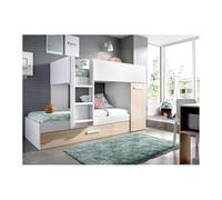 Befara Litera Tren Juvenil Lucas con Cama supletoria y Armario - 3 Camas compactas, diseño Moderno, Madera melaminizada, 243x111x150 cm - Blanco/Natural