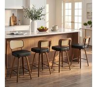 Bekrvio Juego de 4 taburetes giratorios 360°, respaldo de ratán, asiento de 65 cm, 4 patas, piel sintética y madera maciza, silla retro para isla de cocina