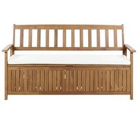 Beliani Banco de jardín con almacenaje de Madera Maciza de Acacia rústico 160 cm con cojín Blanco Crema Sovana
