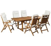Beliani Conjunto de Comedor Exterior 6 plazas de Madera de Acacia sillas Plegables con Cojines Blanco Crema Java Premium