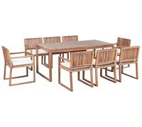 Beliani Conjunto de Comedor Exterior 8 plazas rústico de Madera de Acacia certificada Mesa y sillas con Cojines Blanco Crema Sassari II