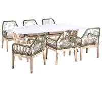Beliani Conjunto de Comedor Exterior con sillas Mesa Tablero de hormigón Patas de Madera 6 sillas de Polipropileno Cojines Blanco Verde Oliva Olbia