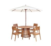 Beliani Conjunto de jardín 5 Piezas Mesa Redonda y 4 sillas de Madera de Acacia Clara Exterior con sombrilla Agello