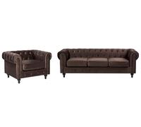 Beliani Conjunto de Sala de Estar Chesterfield clásico sofá de 3 plazas y sillón de Terciopelo marrón Oscuro Chesterfield