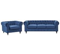 Beliani Conjunto de sofás Chesterfield tapizado en Terciopelo Azul Cobalto Patas de Madera Oscura sofá 3 plazas + sillón Estilo clásico Chesterfield
