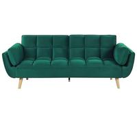 Beliani Sofá Cama tapizado en Tela de Terciopelo Verde 3 plazas Patas de Madera Relleno de Espuma Espalda Dividida Relleno de Galleta Asby