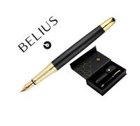 Pluma y estuche cuero belius passion dor aluminio textura cepillada color negro y dorado tinta azul caja diseño - BB239