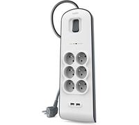 Belkin BSV604ca2m - Regleta de protección contra sobretensiones (6 Tomas, 650J, Cable de 2 m, 2 Puertos USB), Color Blanco y Gris