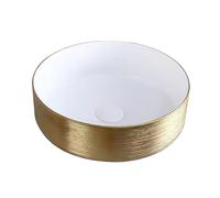 Belvit Murano Lavabo de cerámica redondo, sin orificio para grifo, sin rebosadero, montaje superior, exterior dorado cepillado, diseño moderno, dorado cepillado/blanco brillante, 36 x 12,5 cm