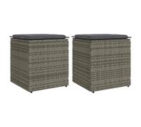 Bendmaxx Juego de 2 taburetes de jardín con cojín, gris, 40 x 40 x 43 cm, ratán de polietileno, espacio de almacenamiento, para balcón, terraza, patio, asiento con cojín y funda extraíble