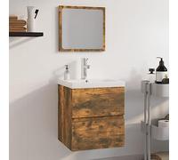 Bendmaxx Juego de muebles de baño de madera de roble ahumado, armario para debajo del lavabo con cajón y espejo de maquillaje, incluye lavabo empotrado con rebosadero, montaje en pared para baño