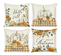 Benjia Juego de 4 Fundas de cojín de otoño de 40x40 cm, Flores Calabaza Fundas de Almohada de otoño Cubiertas de Almohadas 40 x 40 cm Decorativas para Acción de Gracias Halloween Home Sofá-Naranja