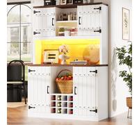 BENMWS Armario alto estilo puerta de granero con estante de cocina, estantes cerrados y estante abierto, estilo industrial vintage, estantes ajustables, soporte para botellas de vino, color blanco