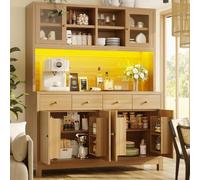 BENMWS Armario buffet alto 140 x 40 x 180 cm, puertas de cristal, 4 cajones, estantes ajustables, aspecto de madera natural, soporta hasta 100 kg