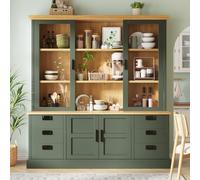 BENMWS Armario buffet alto 185 x 140 x 40 cm, color verde oscuro, vitrina de cristal, 6 cajones, puertas dobles, dispositivo antivuelco, estantes ajustables