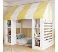 BENMWS Cama Infantil de Estilo rústico, 90 x 200 cm, Blanca, con Dosel, Espacio de Almacenamiento Abierto en la Parte Delantera y Estructura de Madera (sin colchón)
