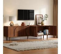 BENMWS Mueble de TV para televisor de 75 pulgadas, mueble bajo con 4 puertas, 2 compartimentos, moderno mueble de TV con gran espacio de almacenamiento, salón, diseño en relieve 3D, color nogal, 180 x
