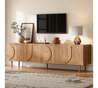 BENMWS Mueble de TV para televisor de 75 pulgadas, mueble bajo con 4 puertas, 2 compartimentos, moderno mueble de TV con gran espacio de almacenamiento, salón, diseño en relieve 3D, color madera