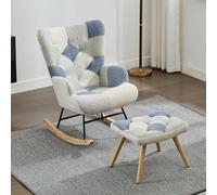 BENMWS Sillón balancín relax con reposapiés, moderno sillón tapizado de tela, sofá cama, patchwork, diseño de pata de gallo, beige y azul