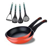 Bergner Classique | Juego de 2 Sartenes de 20 y 26 cm + Set de Utensilios | Fabricadas de Aluminio Forjado |Sartenes Antiadherentes y Utensilios Resistentes | Apta para todo tipo de Cocinas| Rojo