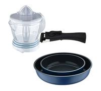 Bergner click&cook juego de 2 sartenes ø22ø26cm aluminio fundido azul con mango desmontable+exprimidor de 40w de potencia - capacidad de 1.2 litros 30 cm