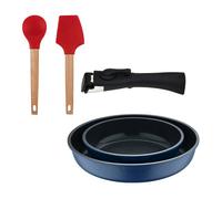 Bergner click&cook juego de 2 sartenes ø22ø26cm aluminio fundido azul con mango desmontable+juego de 2 utensilios de cocina de silicona