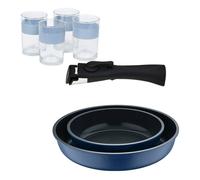 Bergner click&cook juego de 2 sartenes ø22ø26cm aluminio fundido azul con mango desmontable+juego de 4 vasos de 0,5l
