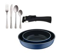 Bergner click&cook juego de 2 sartenes ø22ø26cm aluminio fundido azul con mango desmontable+set de 16 cubiertos en acero inoxidable 30 cm