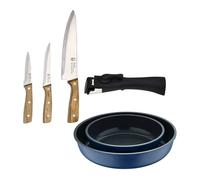 Bergner click&cook juego de 2 sartenes ø22ø26cm aluminio fundido azul con mango desmontable+set de 3 cuchillos de acero inoxidable para cocina