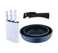Bergner click&cook juego de 2 sartenes ø22ø26cm aluminio fundido azul con mango desmontable+set de 3 cuchillos con tacoma en acero inoxidable 8 cm