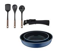 Bergner click&cook juego de 2 sartenes ø22ø26cm aluminio fundido azul con mango desmontable+ set de 3 utensilios de cocina de pbt negro y cobre 39 cm