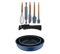 Bergner click&cook juego de 2 sartenes ø22ø26cm aluminio fundido azul con mango desmontable+set de 5 utensilios de cocina de silicona y madera 8 cm