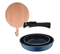 Bergner click&cook juego de 2 sartenes ø22ø26cm aluminio fundido azul con mango desmontable+tabla de corte redonda de 38x28x1,5cm en madera de haya