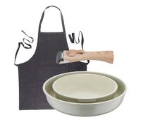Bergner Click&Cook Juego de 2 Sartenes Ø22Ø26cm Aluminio fundido Blanco con Mango desmontable+Delantal de Cocina Gris oscuro 100% Algodón 75x80cm
